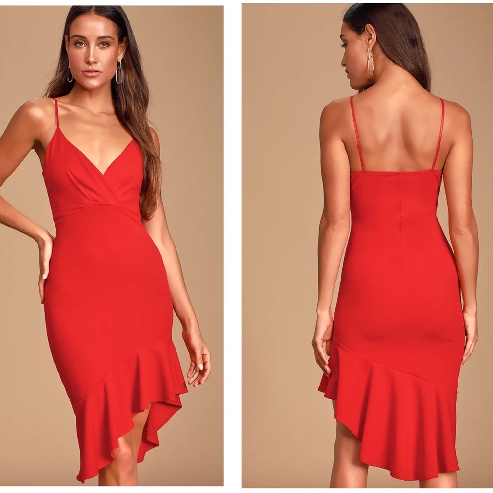 Lulus Vivienne Red Ruffled Bodycon Midi Dress Size Large Wedding Guest Cocktail